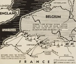 Belgium Prints: Map of German World War 2 invasion and Allied resistance in early June 1940