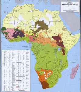 Ethnology Prints: Map showing ethnology and linguistic groups of Africa that conflict with national boundaries