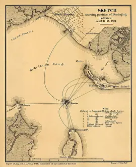 Coast Prints: Map showing the positions of Confederate batteries besieging Fort Sumter at the start of the US Civil War
