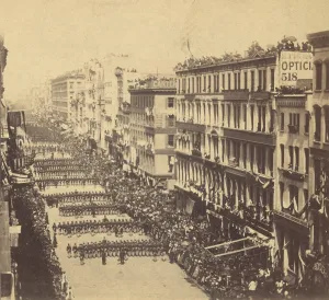 Assassinations Prints: Marchers in Lincoln's New York funeral procession proceeding down Broadway away from the viewer ca