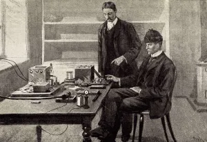 Telegraphy Prints: Marconi receiving the first transatlantic wireless transmission in a radio station located in Newfoundland