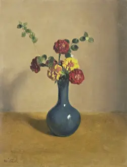 Bouquet Prints: Marigold Flowers in a Blue Vase