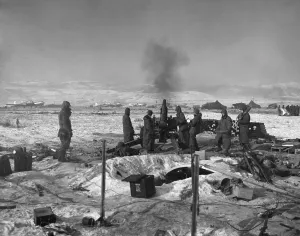 Frozen Prints: Marine 105mm howitzers defend Hagaru-ri airstrip from Chinese army as planes evacuate wounded