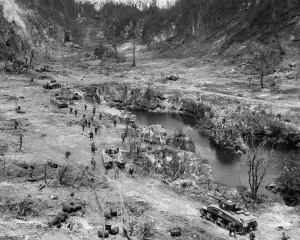 Tanks Prints: Marine tanks and infantry assault Japanese positions in a Peleliu Island ridge