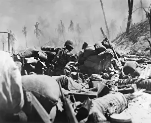 Marines Prints: Marine about to throw a hand grenade at a Japanese pillbox on Tarawa, Nov. 23, 1944