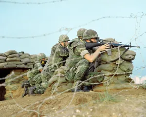 Combat Gear Prints: Marines take cover behind sandbags during an attack in Beirut Lebanon