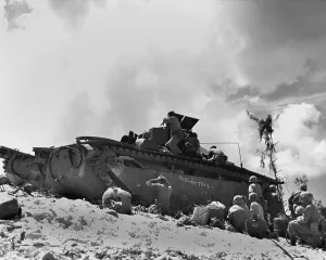 Under Fire Prints: Marines fight from the shelter of an amphibious tractor on the beach at Peleliu