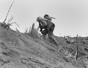 Under Fire Prints: Marines moving near Iwo Jima's airport on Feb