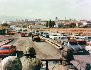 Patrol Prints: US Marines patrol the streets of Beirut Lebanon in a truck during a multinational peacekeeping operation