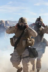 Combat Gear Prints: US Marines and sailors in full protective gear marching through the cloud of gas to test with their new gear