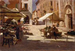 Market in Chivasso (Mercato di Chivasso), by Demetrio Cosola, 1880 - 1890, 19th Century, oil on board - Private collection. Whole artwork view