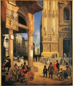 Building Exterior Prints: Market of Figini, by Angelo Inganni