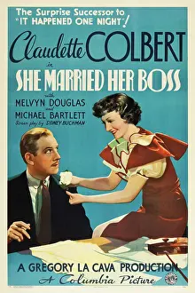 Douglas Prints: SHE MARRIED HER BOSS, l-r: Melvyn Douglas, Claudette Colbert on poster art, 1935