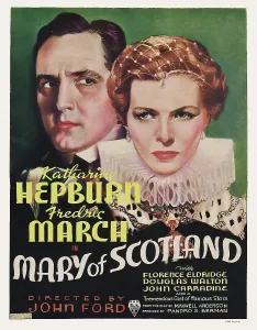 Queen Prints: MARY OF SCOTLAND, from left: Fredric March, Katharine Hepburn on window card, 1936