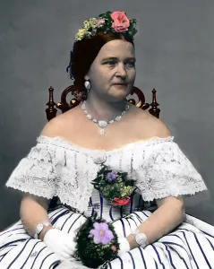 Mary Todd Lincoln (1818-1882), wife of President Lincoln, at age 45, while she was First Lady. Portrait by Mathew Brady with modern color. Ca. 1863