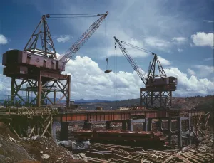 Valley Prints: Massive cranes on a steel superstructure during the construction of Douglas Dam