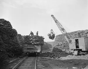 Rationing Prints: Massive Firestone rubber reclamation facility with millions of discarded tire and inner tubes covering over 100 acres