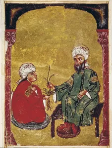 De Materia Medica. 1st half 18th c. Sultan Ahmet III gives some medicinal plants to one of his disciples. Islamic art. Gouache; Miniature Painting. TURKEY. Istanbul