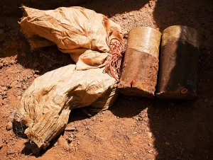 Explosives Prints: Materials for making an improvised explosive device IED found Helmand province Afghanistan include two 35 pound IED 15