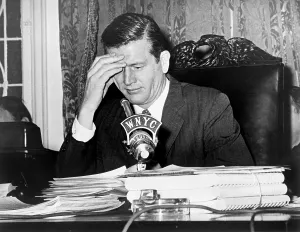 Lindsay Prints: Mayor John Lindsay, speaking into WNYC radio microphone