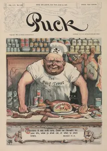 Sanitation Prints: THE MEAT MARKET a 1906 cartoon by Carl Hassmann shows a butcher with meats labeled Potted Poison Chemical Corn Beef Bob