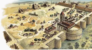 Litography Prints: Medieval city under construction. Litography. AISA/Everett Collection**US SALES ONLY**