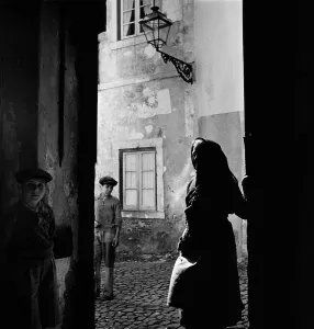 Cobblestone Prints: Medieval street in Alfama, Lisbon, Portugal, photograph by Toni Frissell, circa 1940s