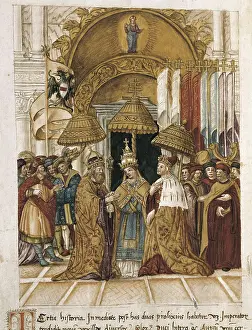 Meeting between the Pope Alexander III and the emperor Frederick I Barbarossa in Venice in 1177. Miniature Painting. AISA/Everett Collection**US SALES ONLY**