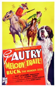 Horseback Prints: MELODY TRAIL, US poster, from left: Gene Autry, Ann Rutherford, Buck the Wonder Dog, 1935