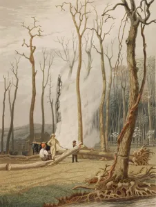Frontier Prints: Men cutting and burning girdled tree to clear land on the American frontier in 1841