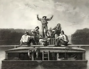 Folk Prints: Men on flatboat in river, playing musical instruments