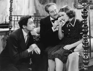 Deanna Prints: ONE HUNDRED MEN AND A GIRL, from left: Mischa Auer, Adolphe Menjou, Deanna Durbin, 1937