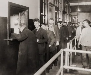 Business Cycles Prints: Men in line to register at the six-story New York City Municipal Lodging House at 25th Street between First Avenue