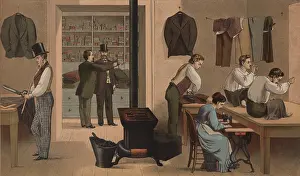 Artisans Prints: Men and a woman working in a tailor shop