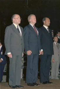Peace Treaty Prints: Menahem Begin Jimmy Carter and Anwar Sadat attending a military exhibition during the Camp David Summit
