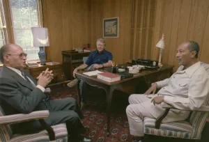 Negotiations Prints: Menahem Begin Jimmy Carter and Anwar Sadat meet during the Camp David Summit