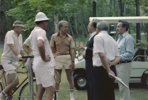 Tennis Prints: Menahem Begin meets with Jimmy Carter Zbigniew Brzezinski and Cyrus Vance after a tennis match at Camp David