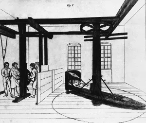 Patients Prints: Mental patient being treated in a centrifugal force bed at a German charity hospital in the early 19th century
