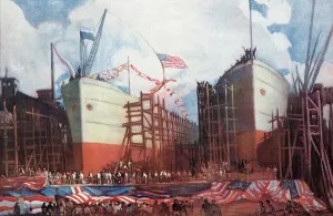 Merchant Marine Prints: Merchant marine ships under construction at the end of WW1