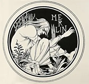 Beardsley Prints: Merlin the Magician. Engraving from 'The Death of Arthur' by Sir Thomas Malory