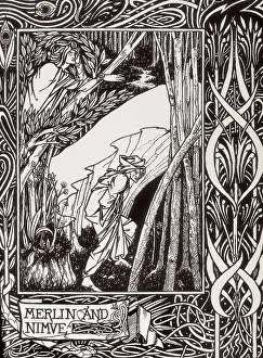 Beardsley Prints: Merlin the Magician and Nimue. Engraving from 'The Death of Arthur' by Sir Thomas Malory
