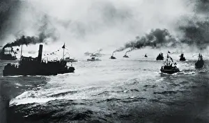 Boats Prints: The metal hulled ELEANOR BOLLING (far left) sailing out of New York Harbor, Sept. 15, 1928