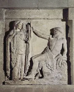 Metope with Hera and Zeus. Metope from the Temple of Zeus. Greek art. Relief on marble. ITALY. Palermo. Museo Archeologico Regionale (Regional Archaeological Museum). Proc: ITALY