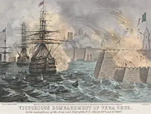 Mexico Prints: Mexican American War. US battleships in the final days of the victorious bombarding the Fortifications of Veracruz