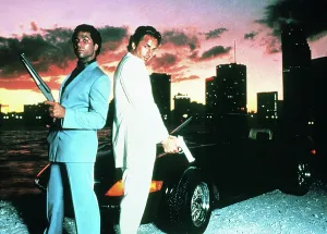 1980s Fashion Prints: MIAMI VICE, l-r: Philip Michael Thomas, Don Johnson, 1984 - 1989
