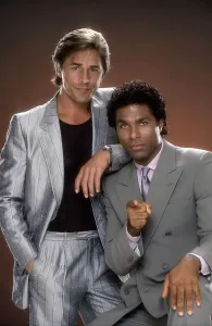 1980s Fashion Prints: MIAMI VICE, from left: Philip Michael Thomas, Don Johnson (1984), 1984-1989