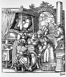 Switzerland Prints: Two midwives comfort a woman sitting in a birthing chair while a third midwife delivers the baby; while