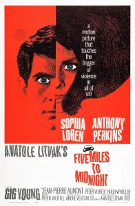 Sophia Prints: FIVE MILES TO MIDNIGHT, US poster, from left: Anthony Perkins, Sophia Loren, 1962