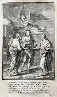 Milton Prints: MILTON, John (1608-1674). Illustration depicting John Milton between Greek and Latin languages (18th c)