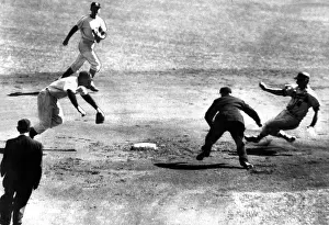 World Series Prints: Milwaukee Brave Joe Adock slides into second base in Game 2 of the 1957 World Series